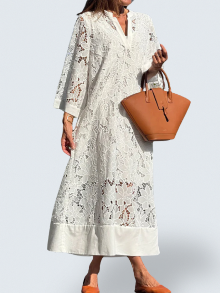 Isabelle | Women's All-Over Lace Midi Dress, Three-Quarter Sleeve Occasion Dress