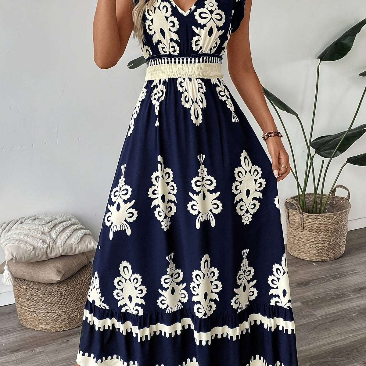 Alessia | Women's A-Line Maxi Dress, Shirred Waist V-Neck Summer Dress