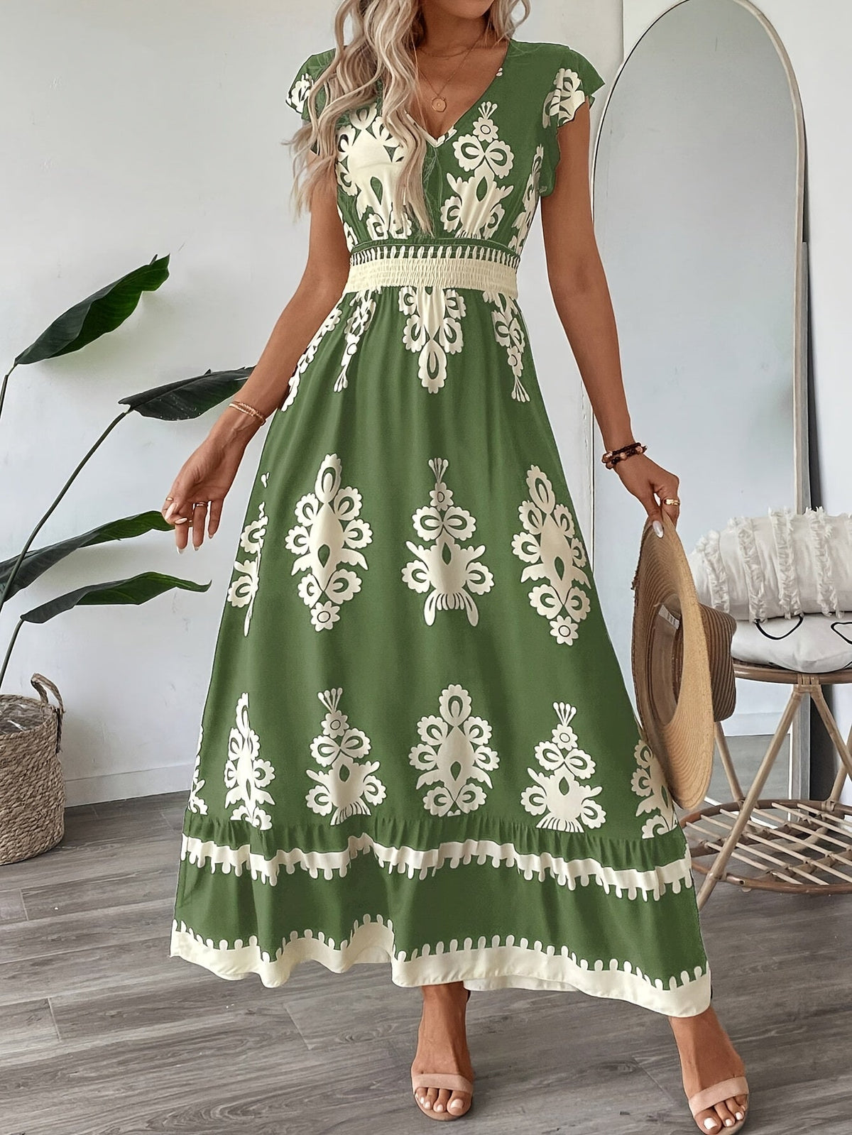 Alessia | Women's A-Line Maxi Dress, Shirred Waist V-Neck Summer Dress