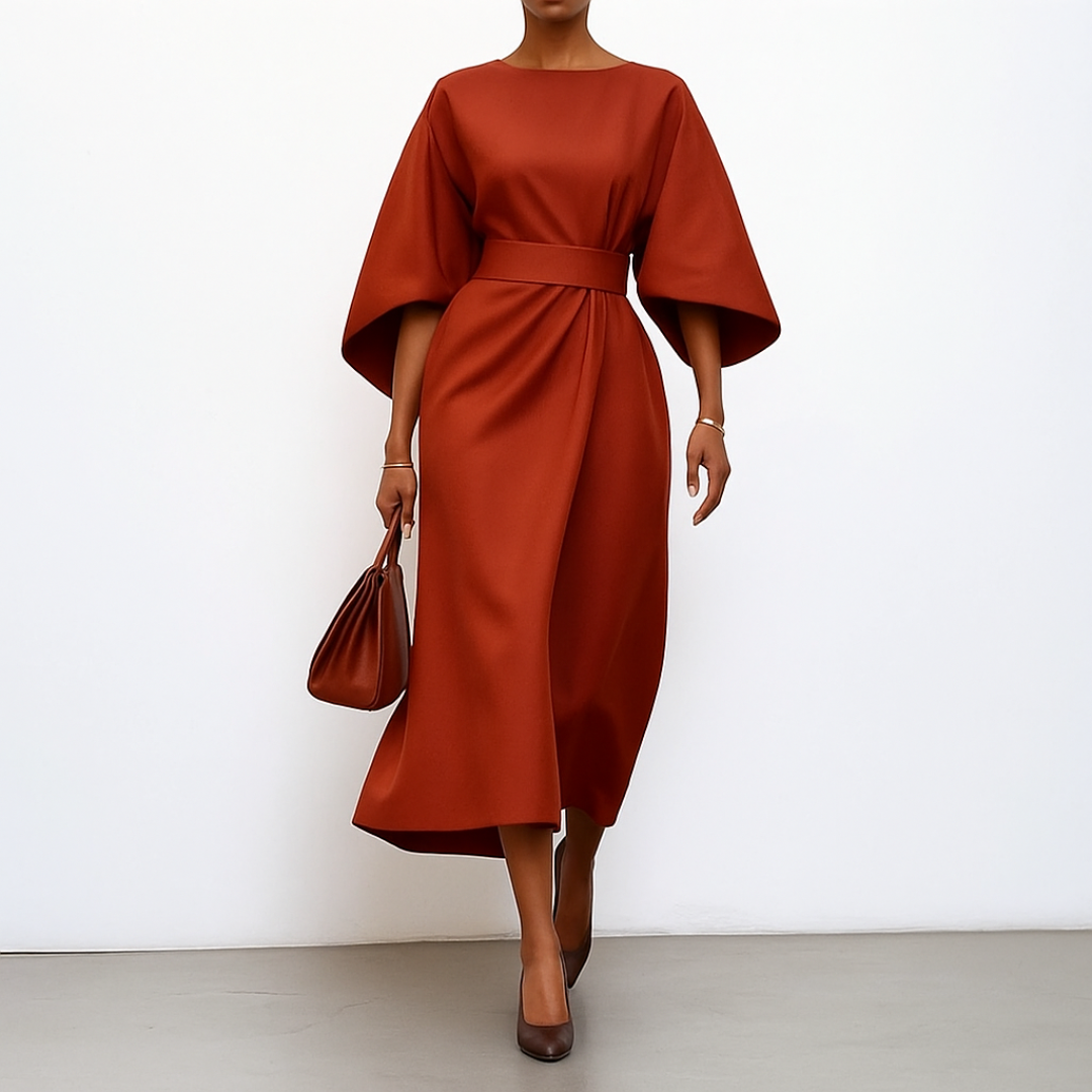 Eldra | Women's Batwing Sleeve Maxi Dress, Belted Long Sleeve Evening Dress
