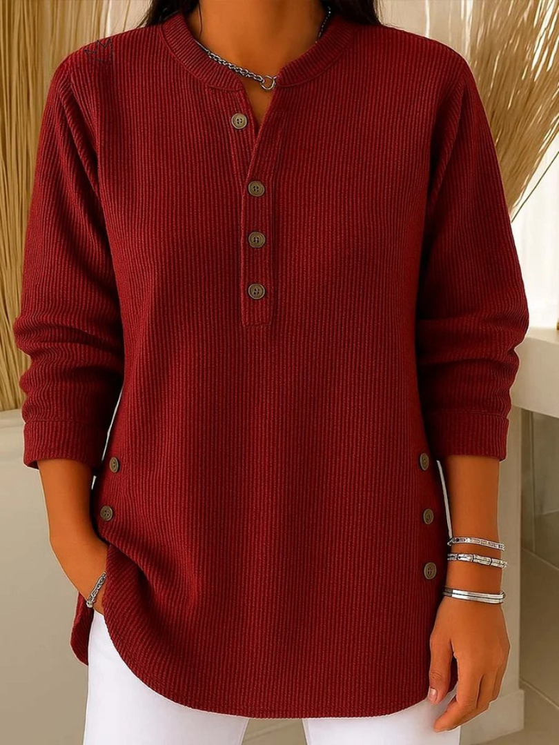 Claudia | Women's Ribbed Knit Tunic Top, Longline Button Detail Comfort Tunic