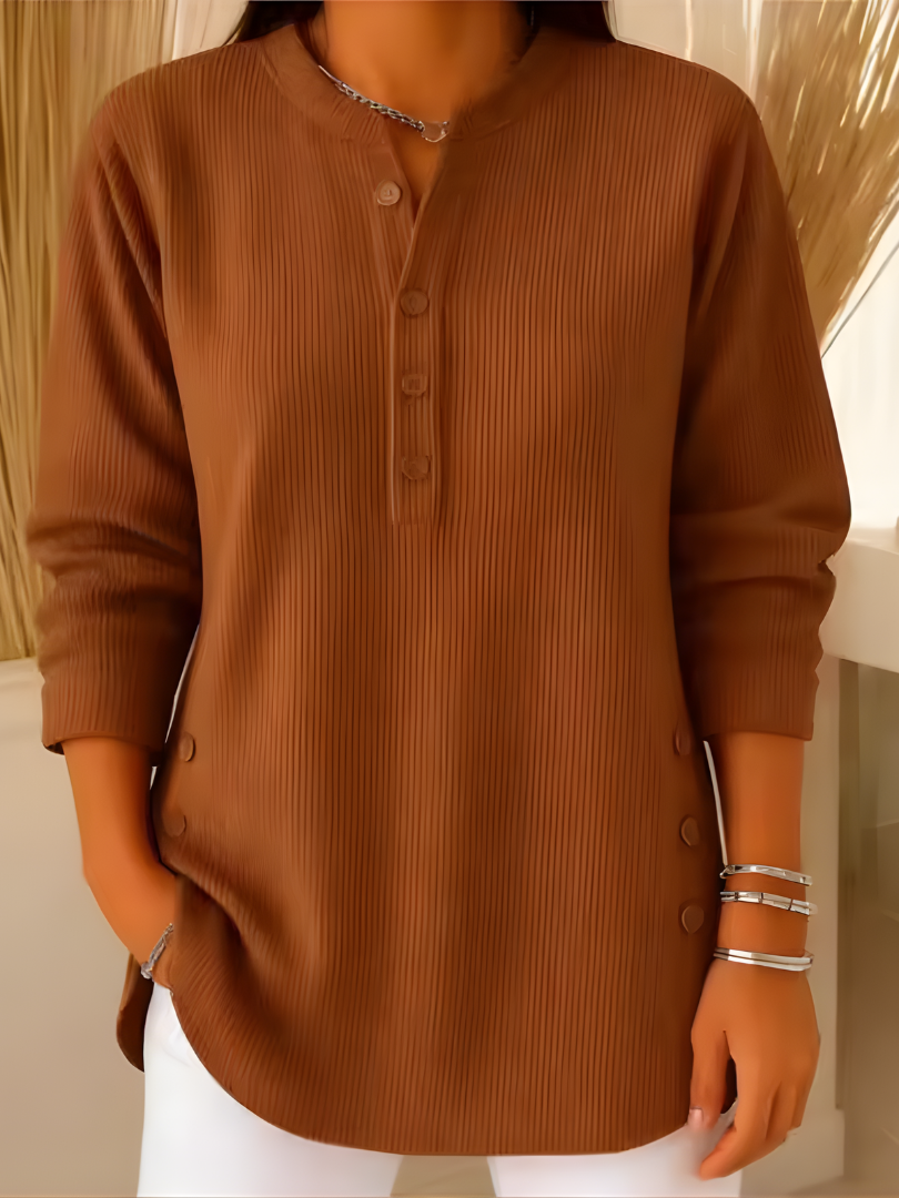 Winnie | Women's Crew Neck Ribbed Sweater, Soft Stretch Button Detail Pullover