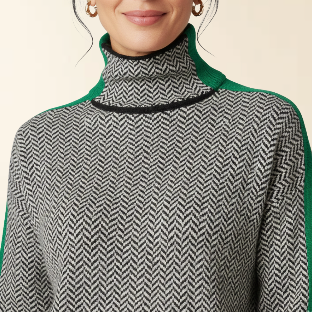 Noré | Women's High Collar Sweater, Contrast Stripe Warm Knit Pullover