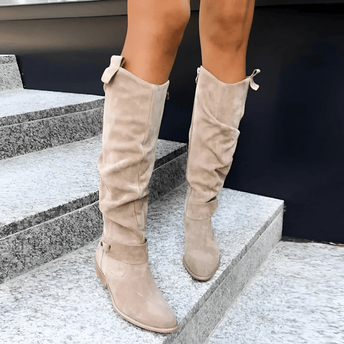 Savannah | Women's Tall Suede Western Boots, Slouchy Buckle Boots with Low Heel