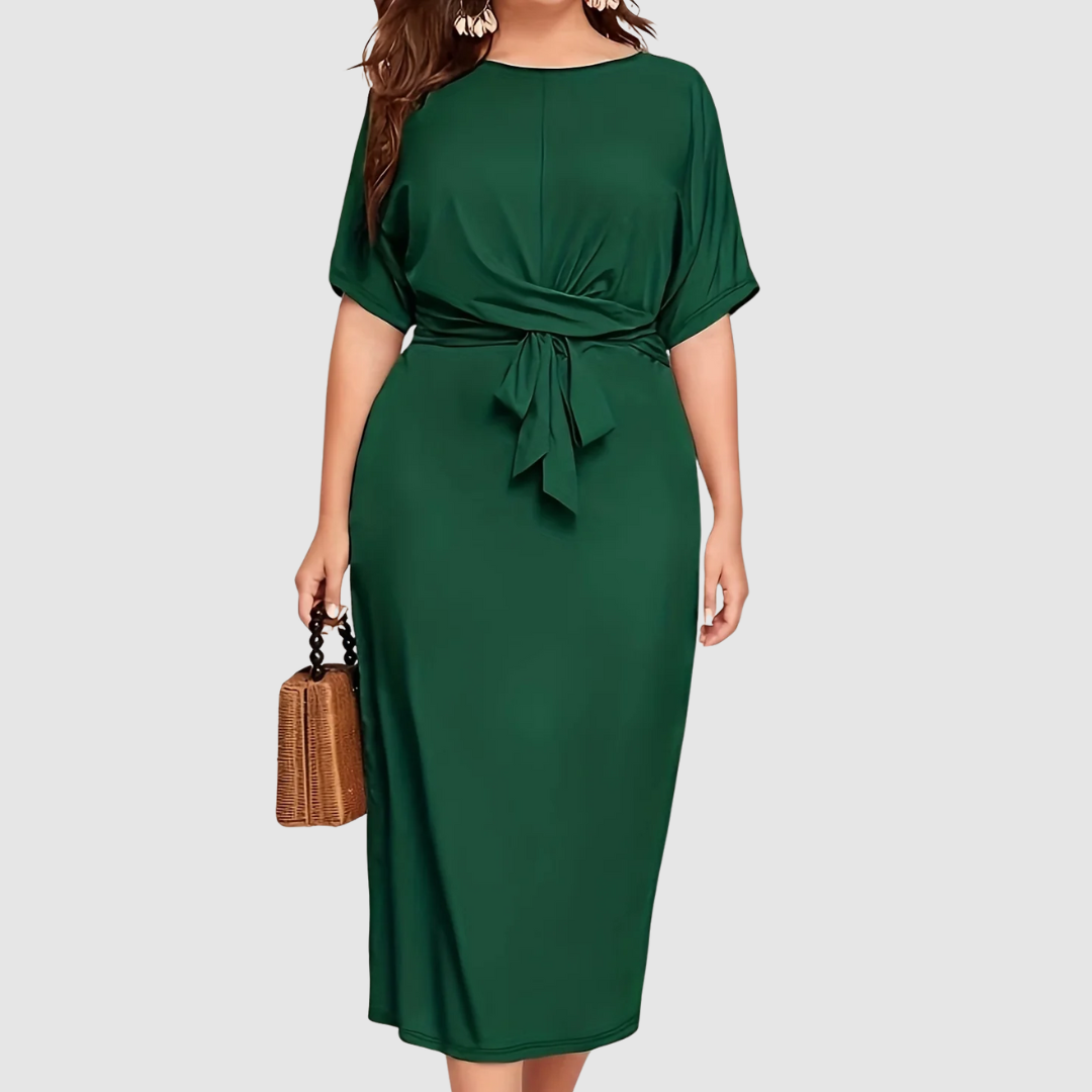 Margaux Lane | Women's Tie Waist Draped Midi Dress, Relaxed Sleeve Fall Dress