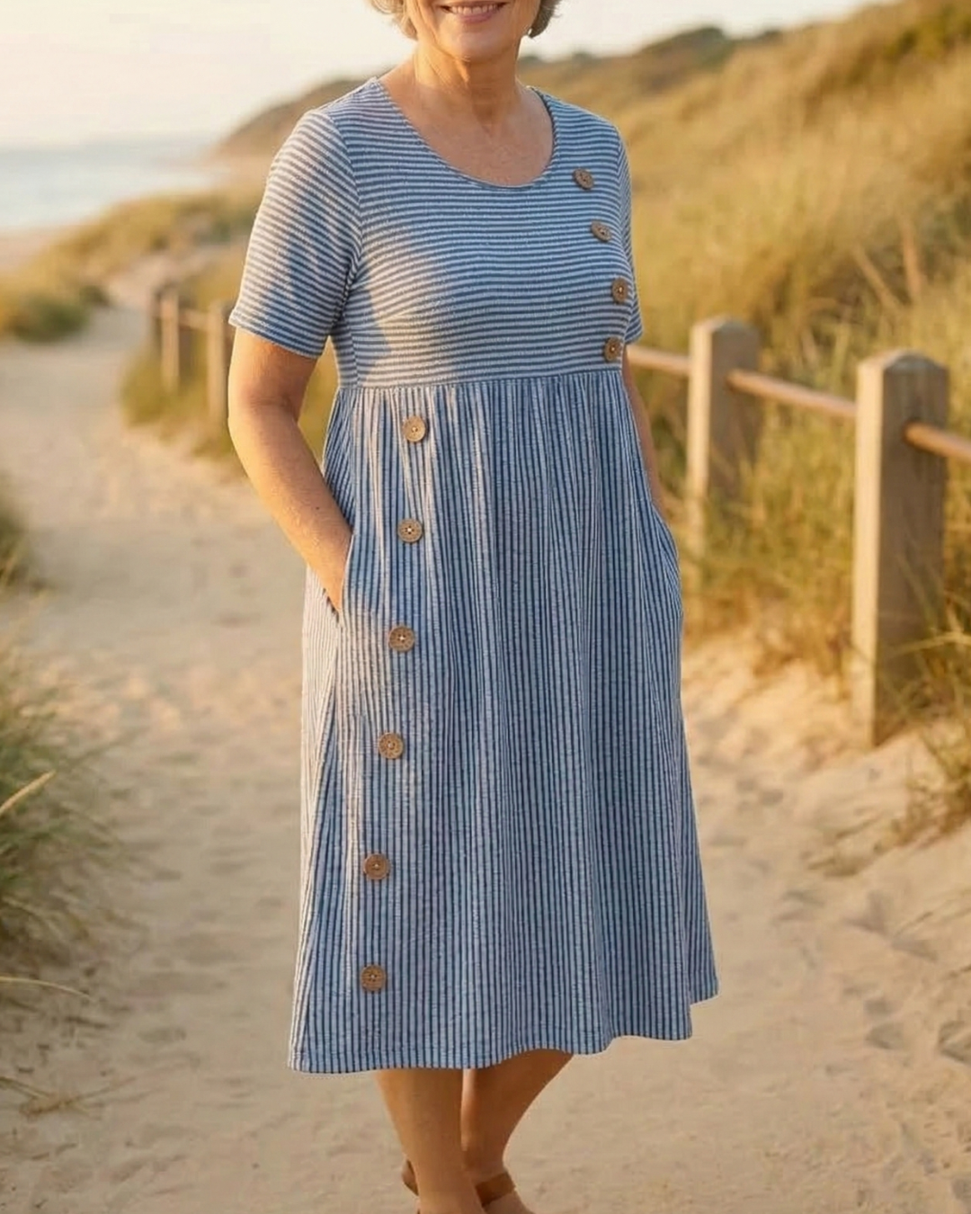Brienne | Women's Striped A-Line Midi Dress, Three-Quarter Sleeve Casual Dress