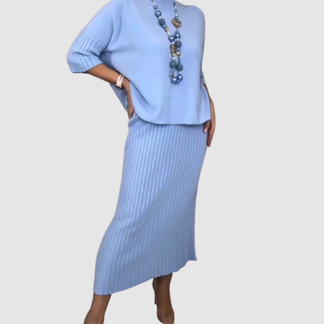 Delyssa | Women's Two-Piece Set, Relaxed Top and Ribbed High-Waist Midi Skirt
