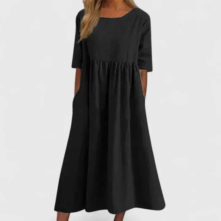 Thalyvia | Women's A-Line Midi Dress, Relaxed Fit Everyday Dress with Pockets