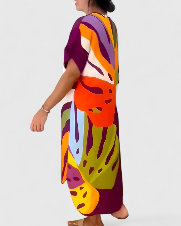 Cymarie | Women's Leaf Print Midi Dress, Loose Fit Breathable Summer Dress