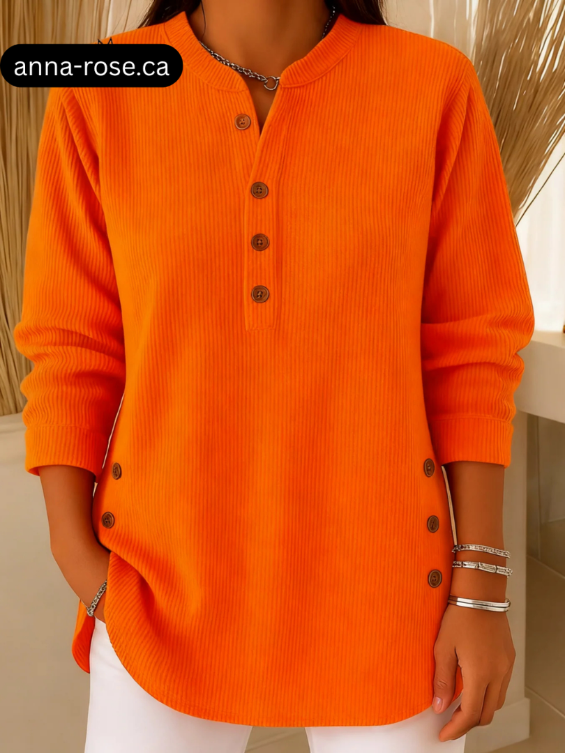 Faye | Women's Crew Neck Pullover, Classic Ribbed Button Detail Knit Sweater