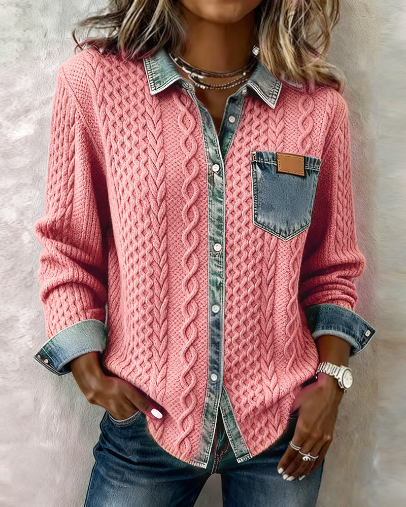 Juliane | Women's Pink Denim-Look Textured Knit Sweater, Long Sleeve Casual Pullover