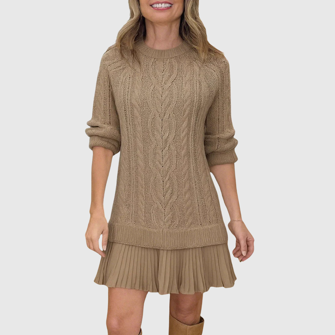 Eira | Women's Cable Knit Sweater Dress, Long Sleeve Crew Neck Winter Dress