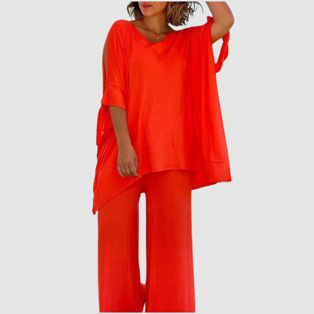 Zinnia | Women's Relaxed Two-Piece Set, Wide-Sleeve Top with Shoulder Cutouts
