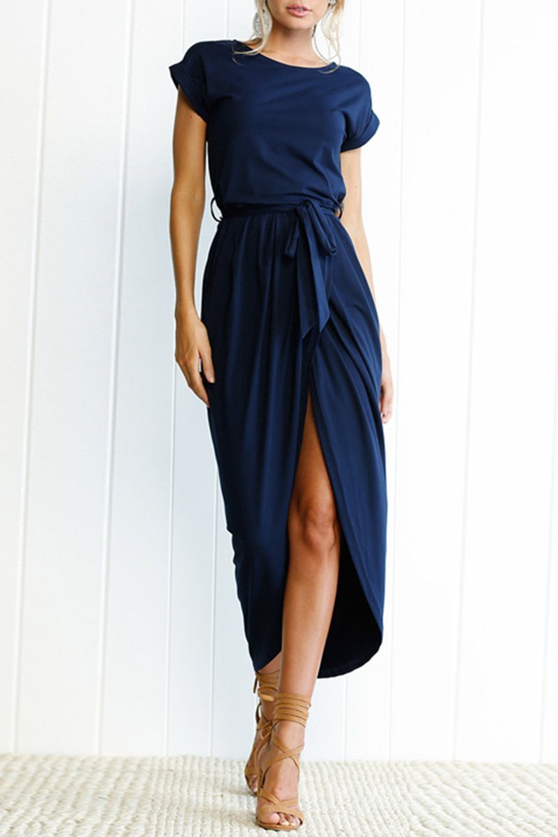 Maelis | Women's Cap Sleeve Casual Midi Dress, Belted Wrap Skirt Everyday Dress