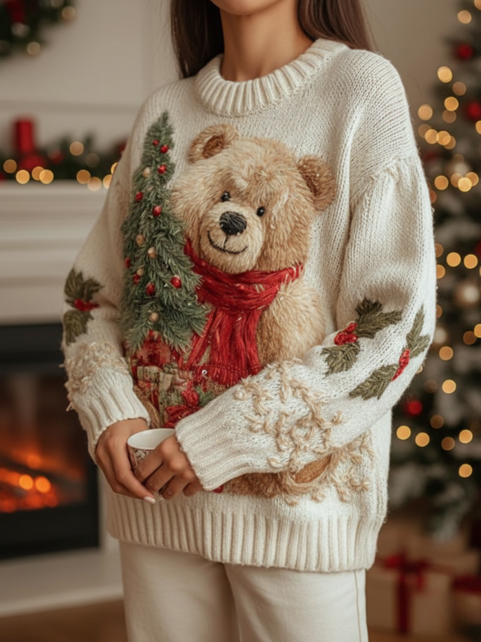 Lyselle | Women's Bear Print Sweater, Cozy Festive Holiday Knit Pullover