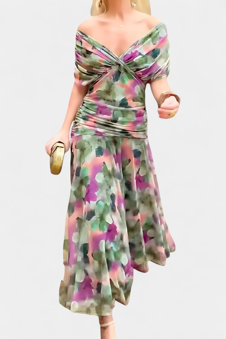 Alondra | Women's Floral V-Neck Maxi Dress, Long Pleated Waist Dress