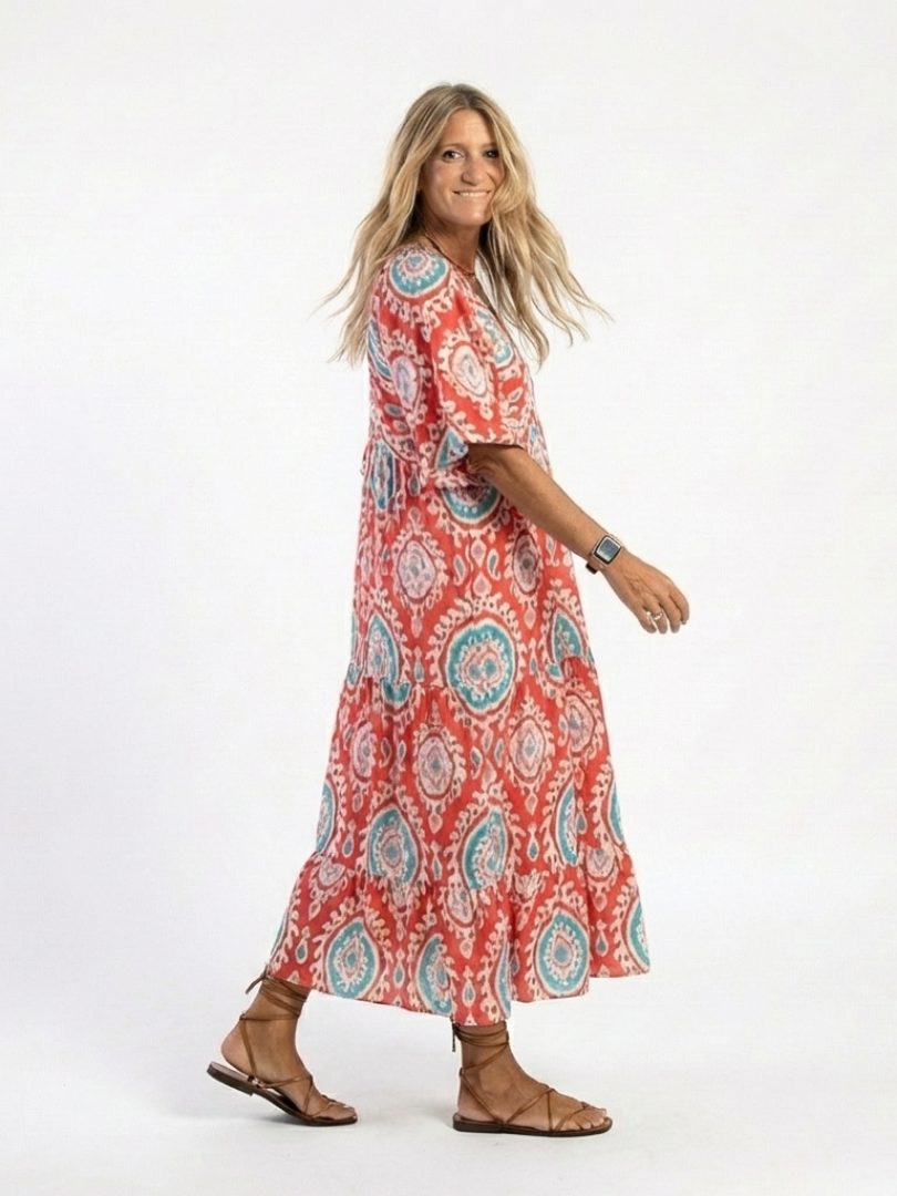 Zaria | Women's Paisley Print Midi Dress, V-Neck Short Sleeve Casual Dress