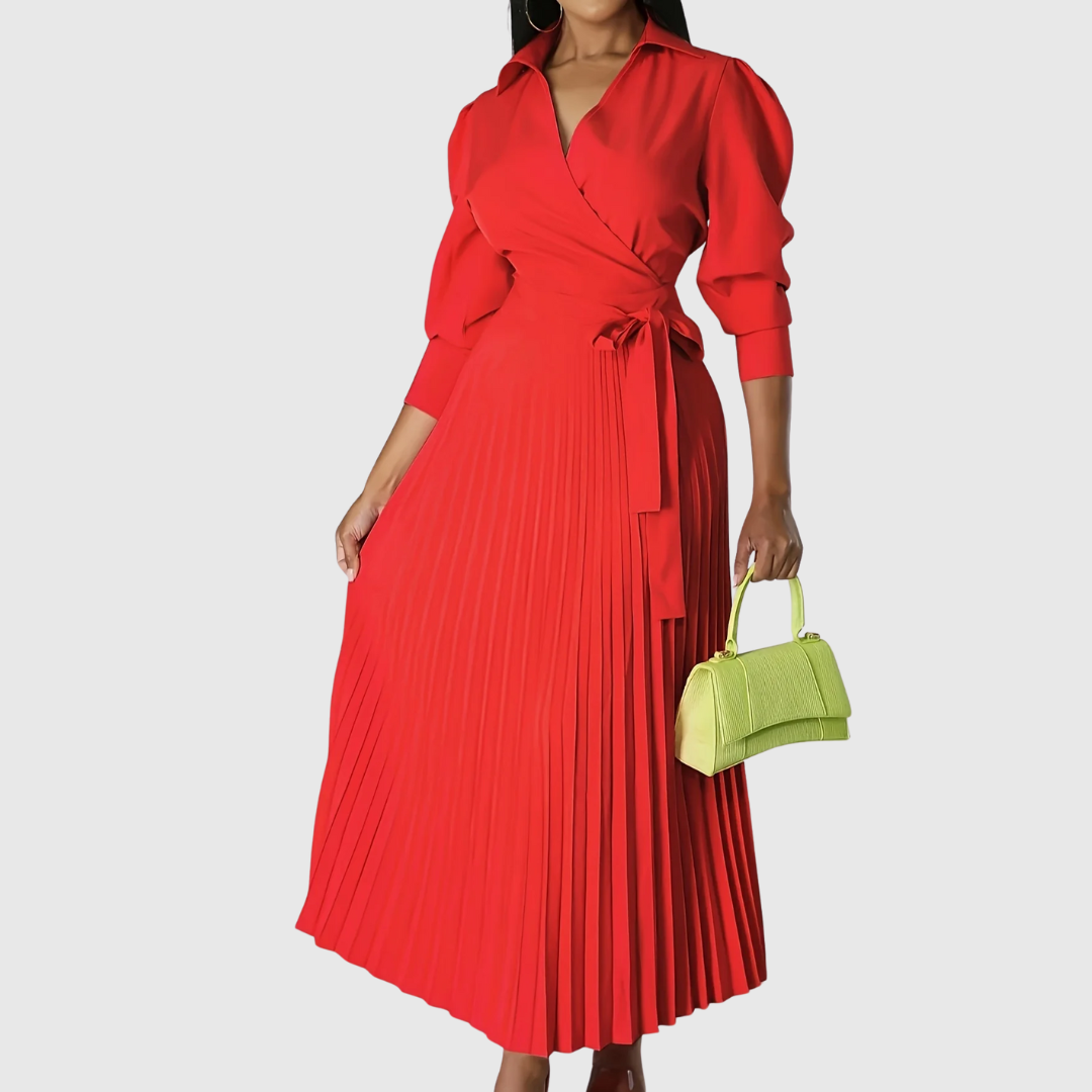 Evelina | Women's Pleated Wrap Midi Dress, Three-Quarter Sleeve Belted Dress
