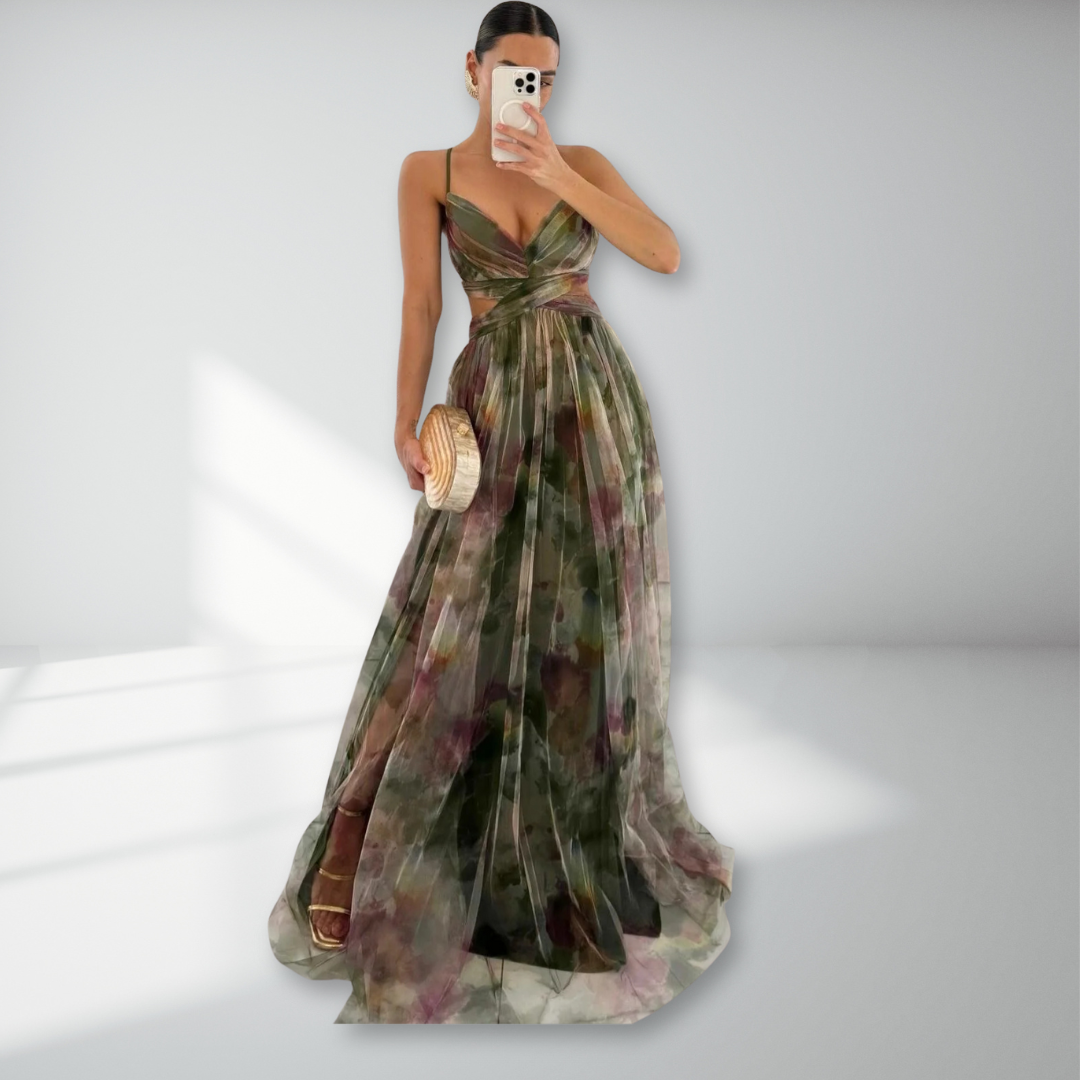 Eirith | Women's Watercolour Print Maxi Dress, Plunging Neckline Dress for Evening Events