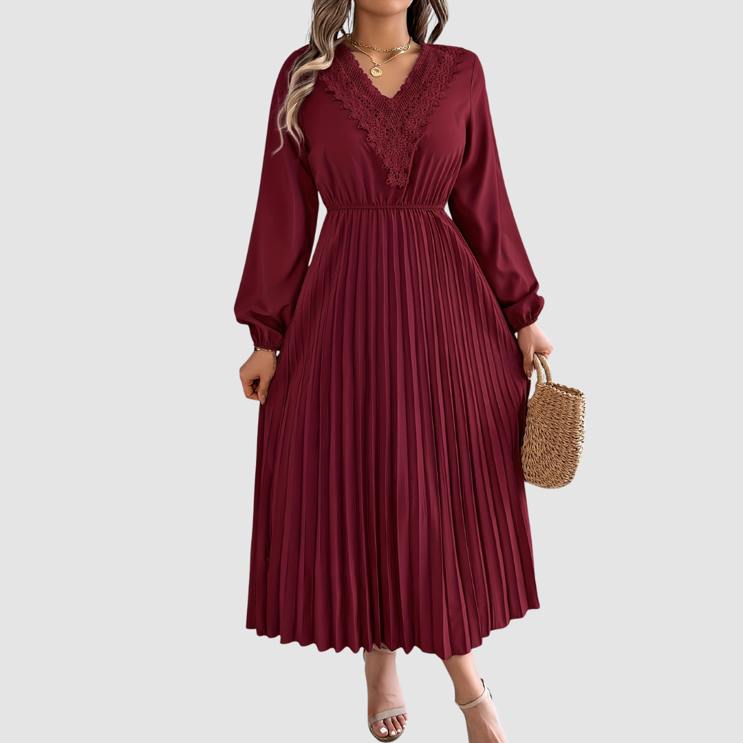 Rosalind Quinn | Women's Lace Trim V-Neck A-Line Dress, Long Sleeve Fall Dress