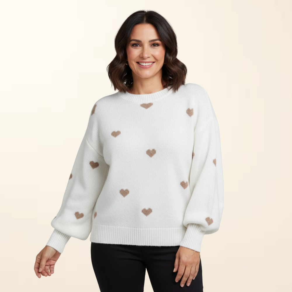 Maya | Women's Heart Print Sweater, Soft Warm Loose Fit Knit Pullover for Cold Days