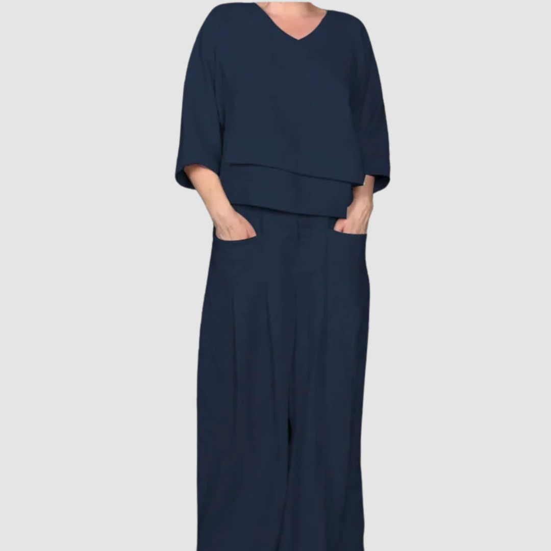 Vina | Women's Relaxed Two-Piece Set, Asymmetrical Top and Wide-Leg Pants Outfit