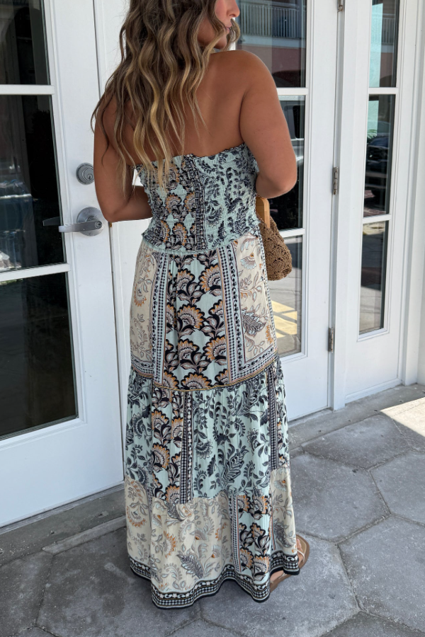 Moonlight | Women's Boho Print Rayon Maxi Dress, Smocked Tiered Summer Dress