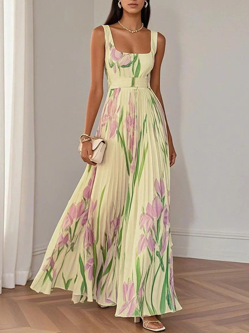Ella | Women's Pleated Floral Polyester Maxi Dress, Sleeveless A-Line Square Neck Dress
