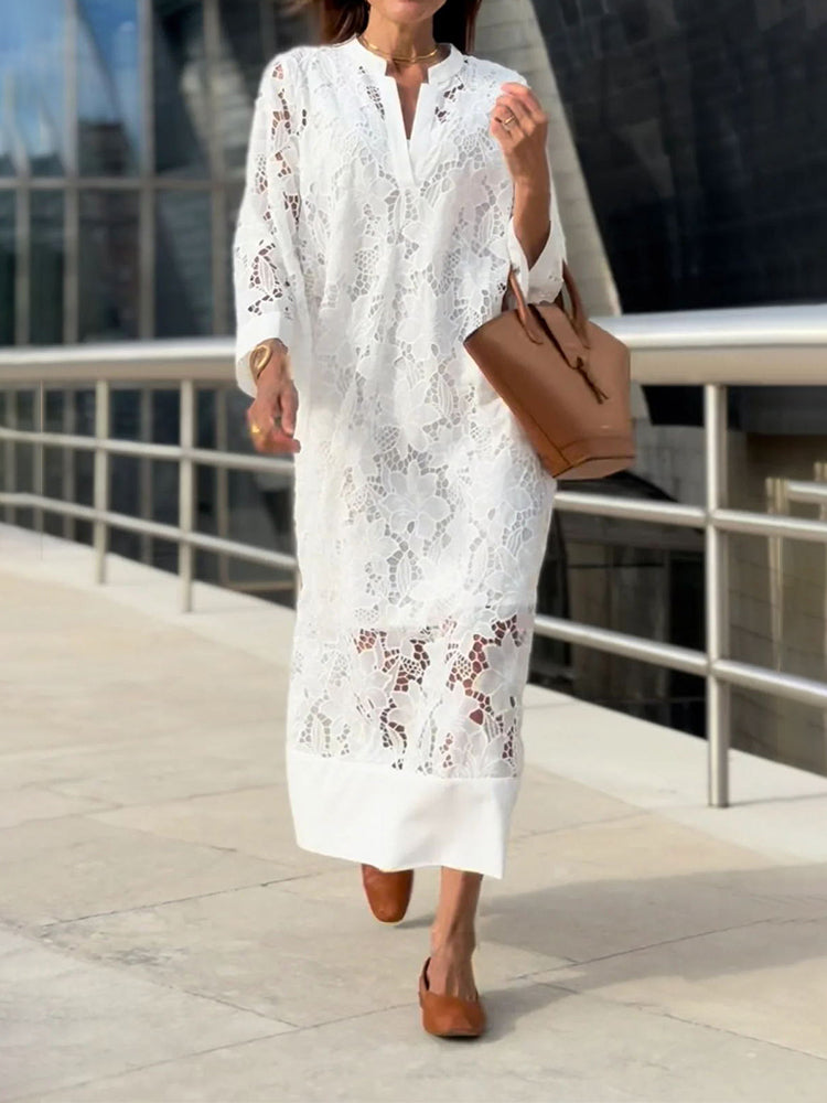 Isabelle | Women's All-Over Lace Midi Dress, Three-Quarter Sleeve Occasion Dress