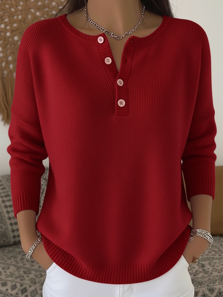 Sara | Women's Henley Button Sweater, Relaxed Fit Soft Knit Everyday Sweater