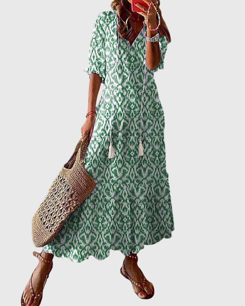 Amalia | Women's Boho Vintage Summer Dress, V-Neck Lightweight Dress for Hot Days