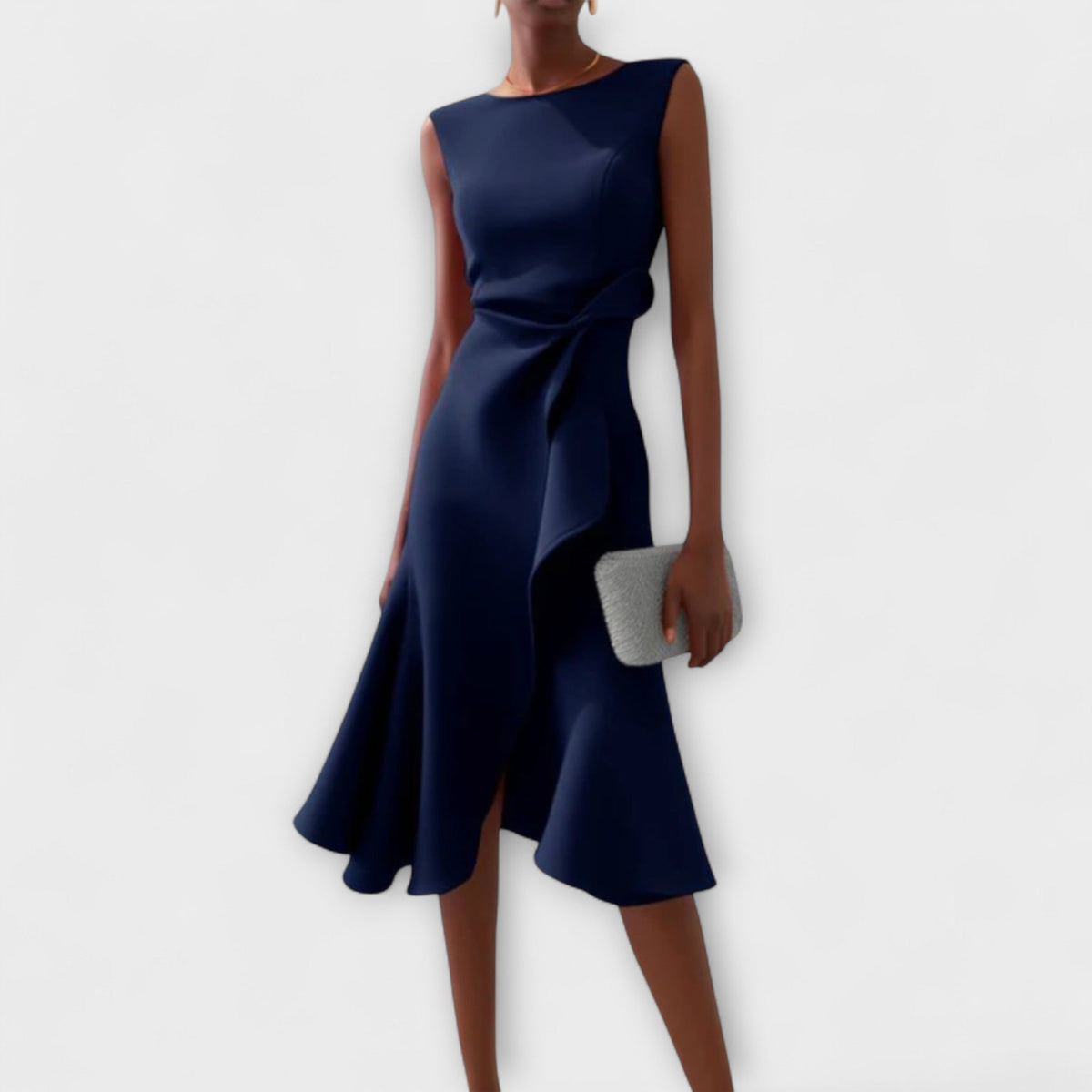Darlene | Women's Sleeveless Asymmetric Midi Dress, Draped Wedding Guest Dress