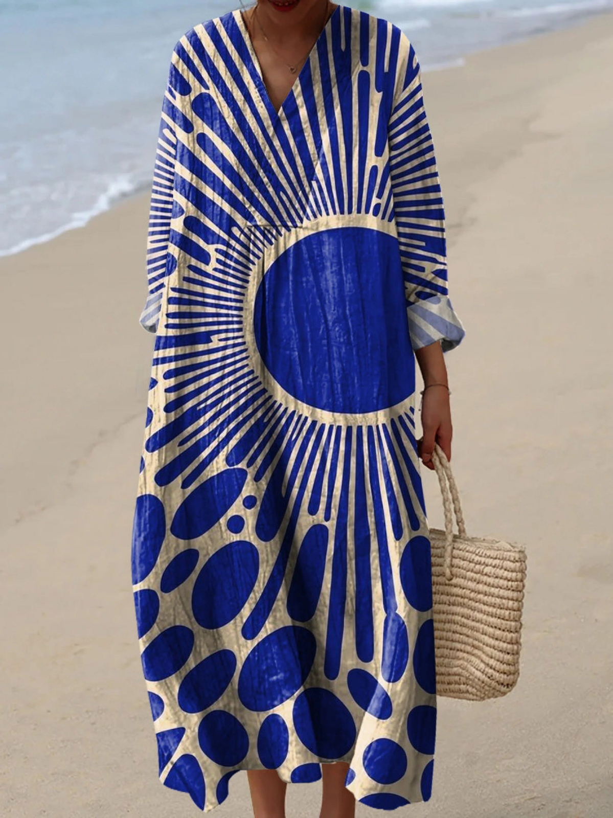 Women's Geometric Print Cotton Dress, Long Sleeve Spring Dress for Work and Weekend