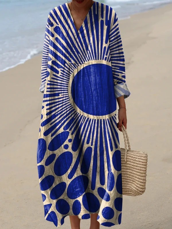 Women's Geometric Print Cotton Dress, Long Sleeve Spring Dress for Work and Weekend