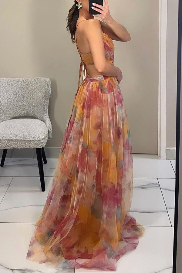 Eirith | Women's Watercolour Print Maxi Dress, Plunging Neckline Dress for Evening Events