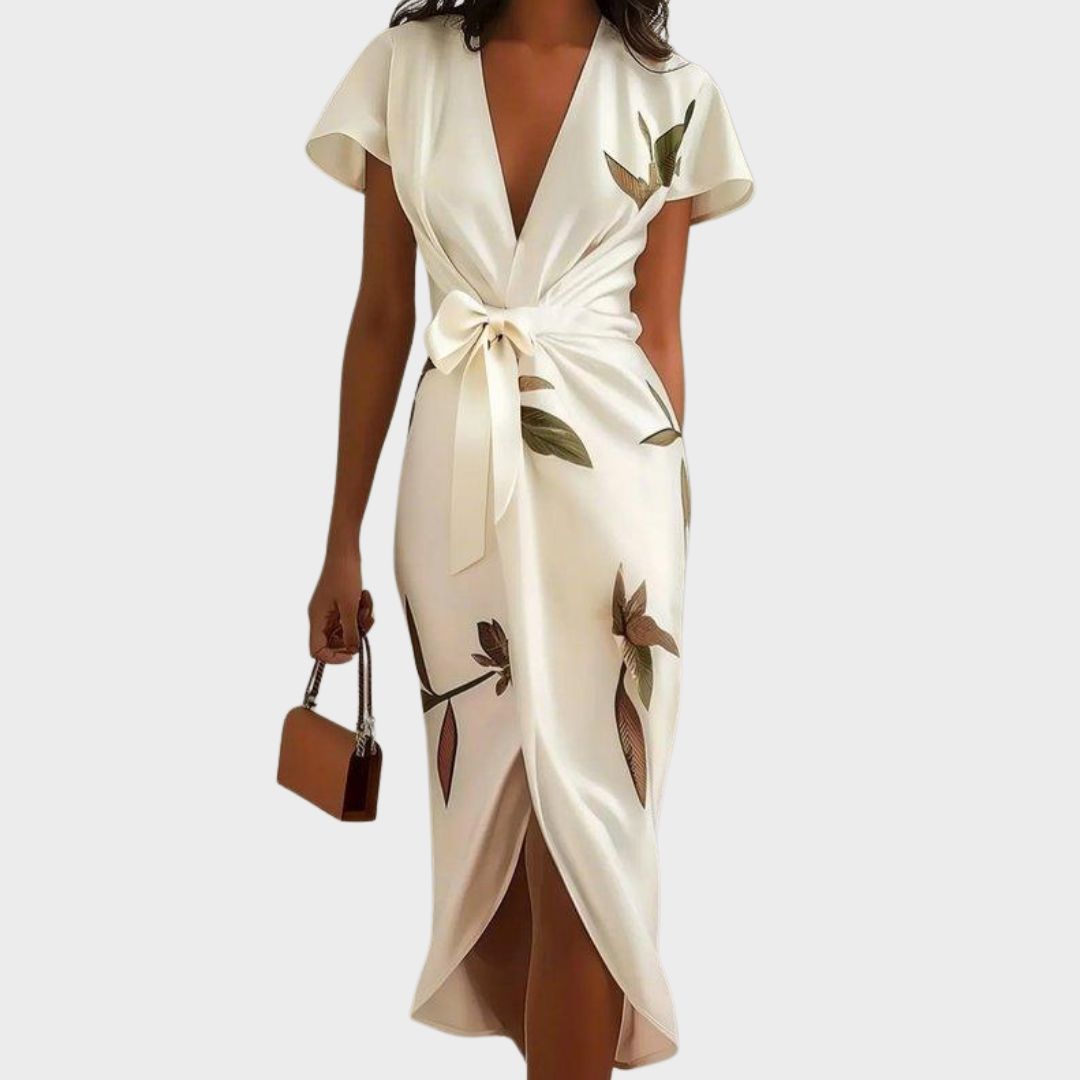 Brenna | Women's Wrap Midi Dress, V-Neck Flutter Sleeve Dress for Vacation