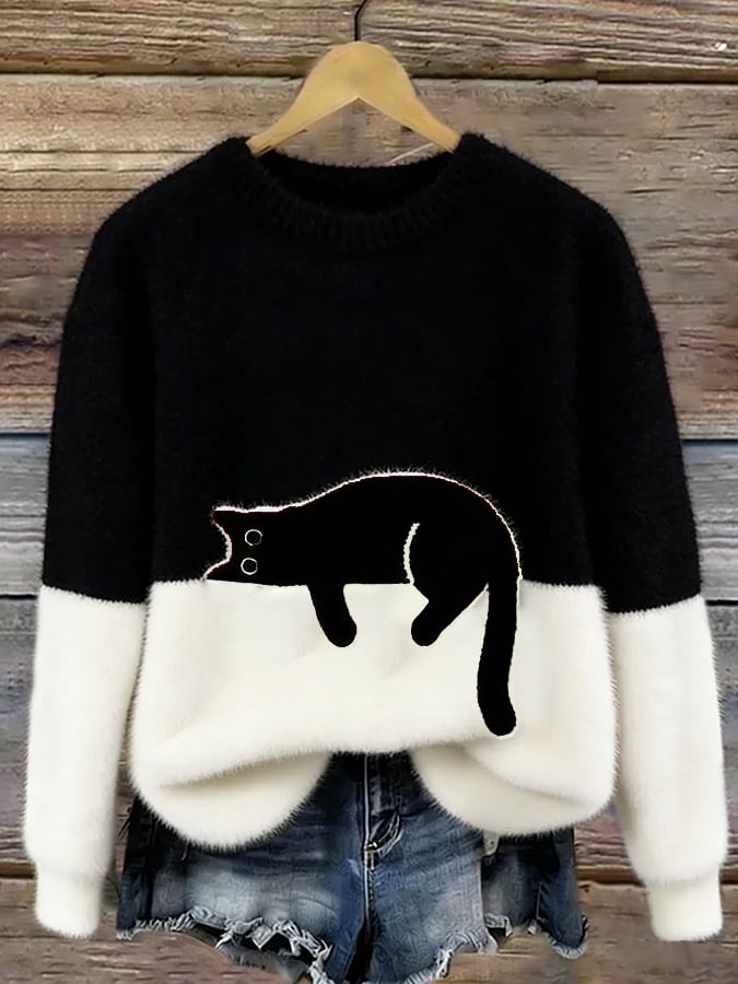 Luna | Women's Cat Print Cotton Blend Sweater, Relaxed Fit Casual Knit Sweater