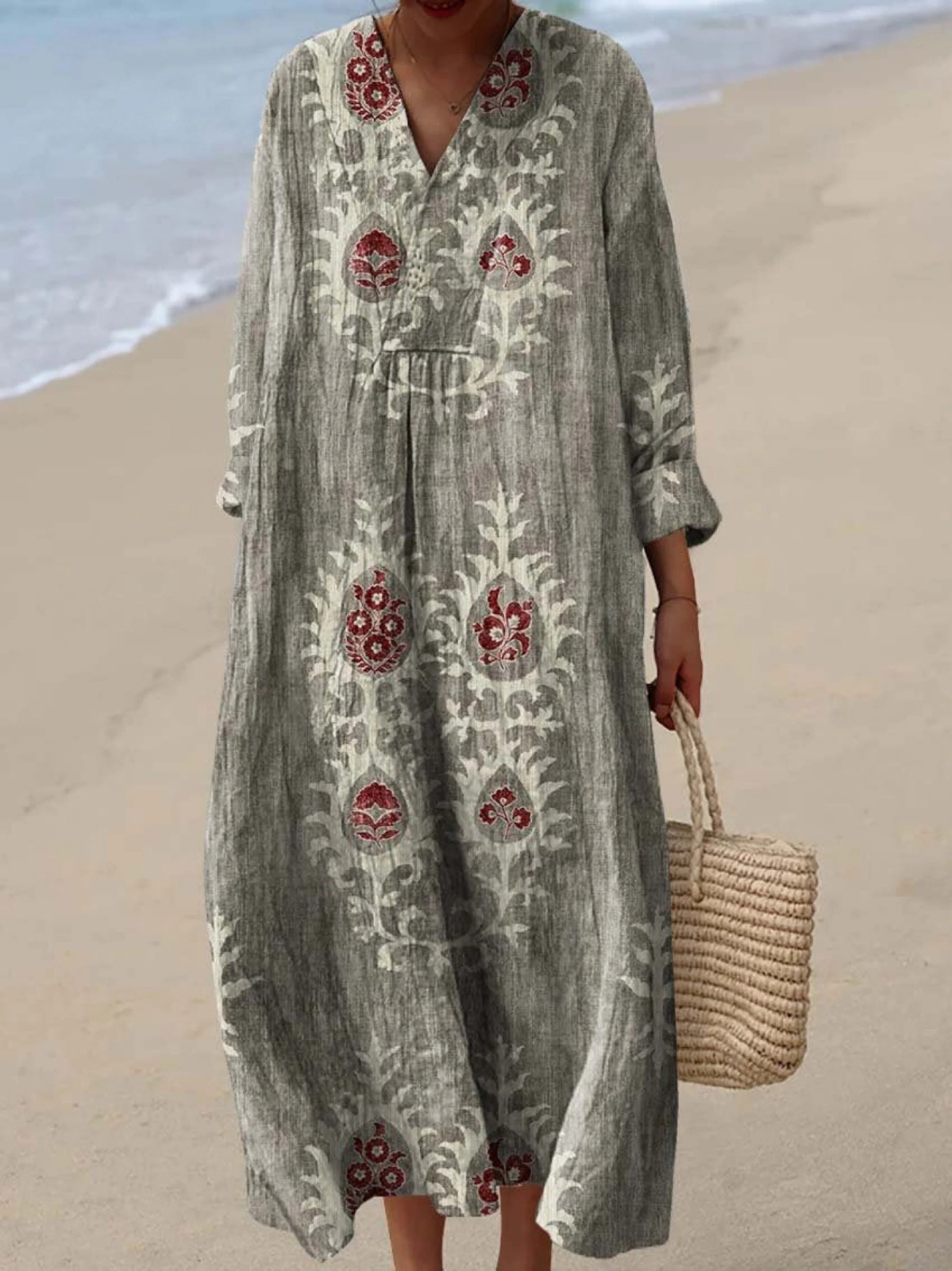 Women's Floral Print Cotton Dress, Long Sleeve Vintage Spring Dress