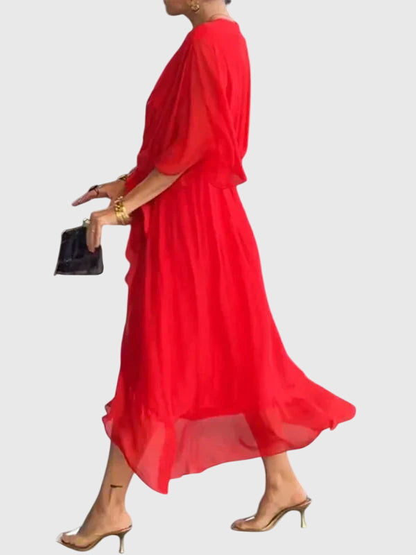 Bethany | Women's V-Neck Midi Dress, Lightweight Flowing Wedding Guest Dress