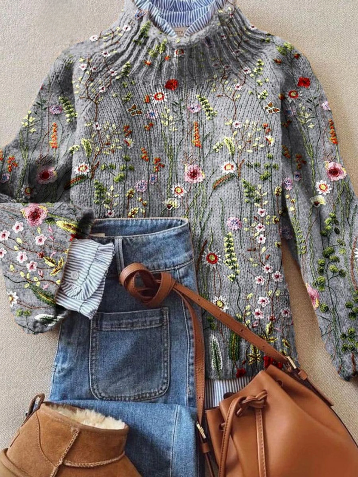 Maurine | Women's Vintage Floral Cotton Blend Sweater, Loose Fit Warm Knit