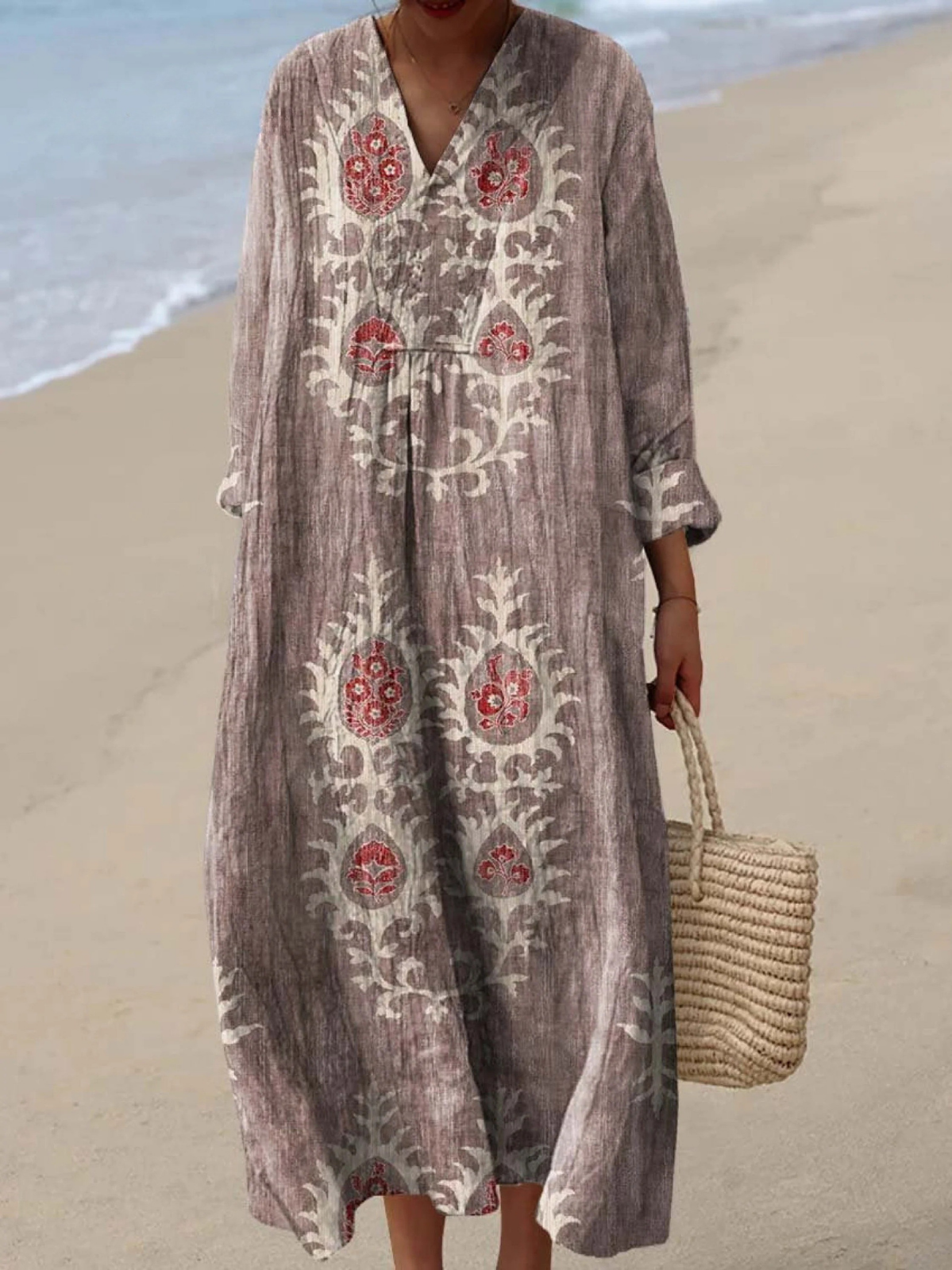 Women's Floral Print Cotton Dress, Long Sleeve Vintage Spring Dress