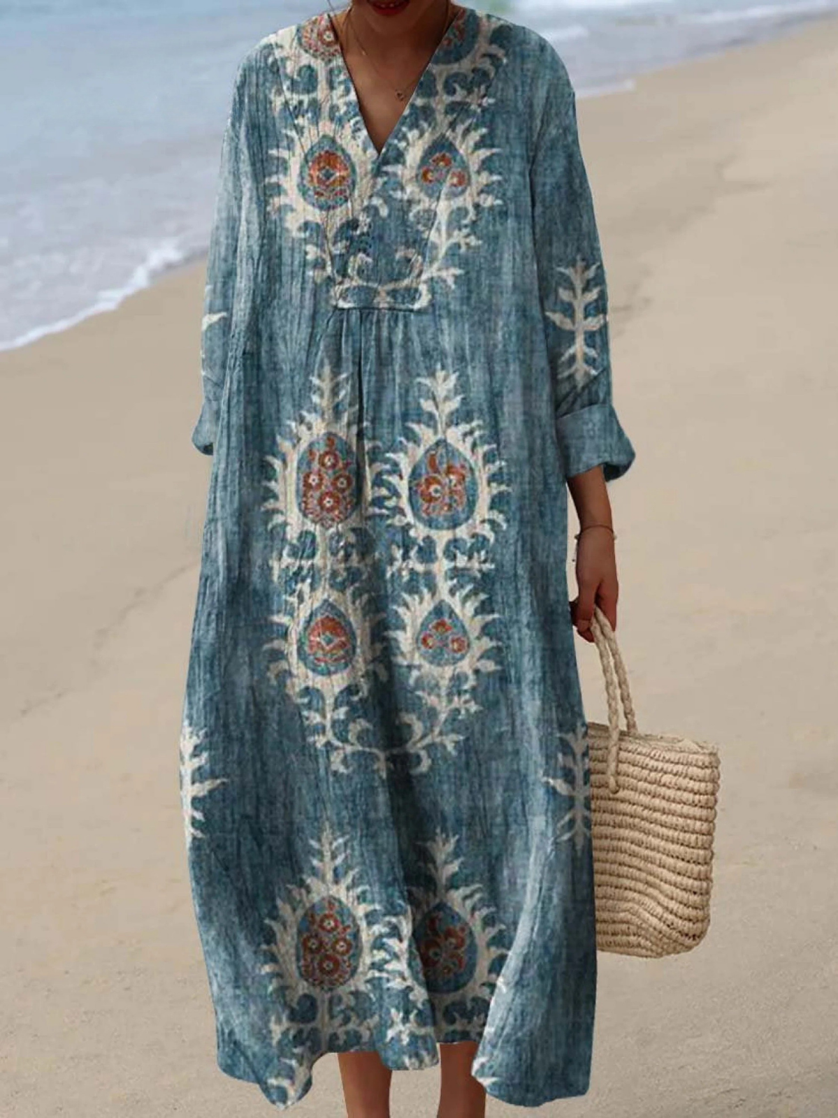 Women's Floral Print Cotton Dress, Long Sleeve Vintage Spring Dress