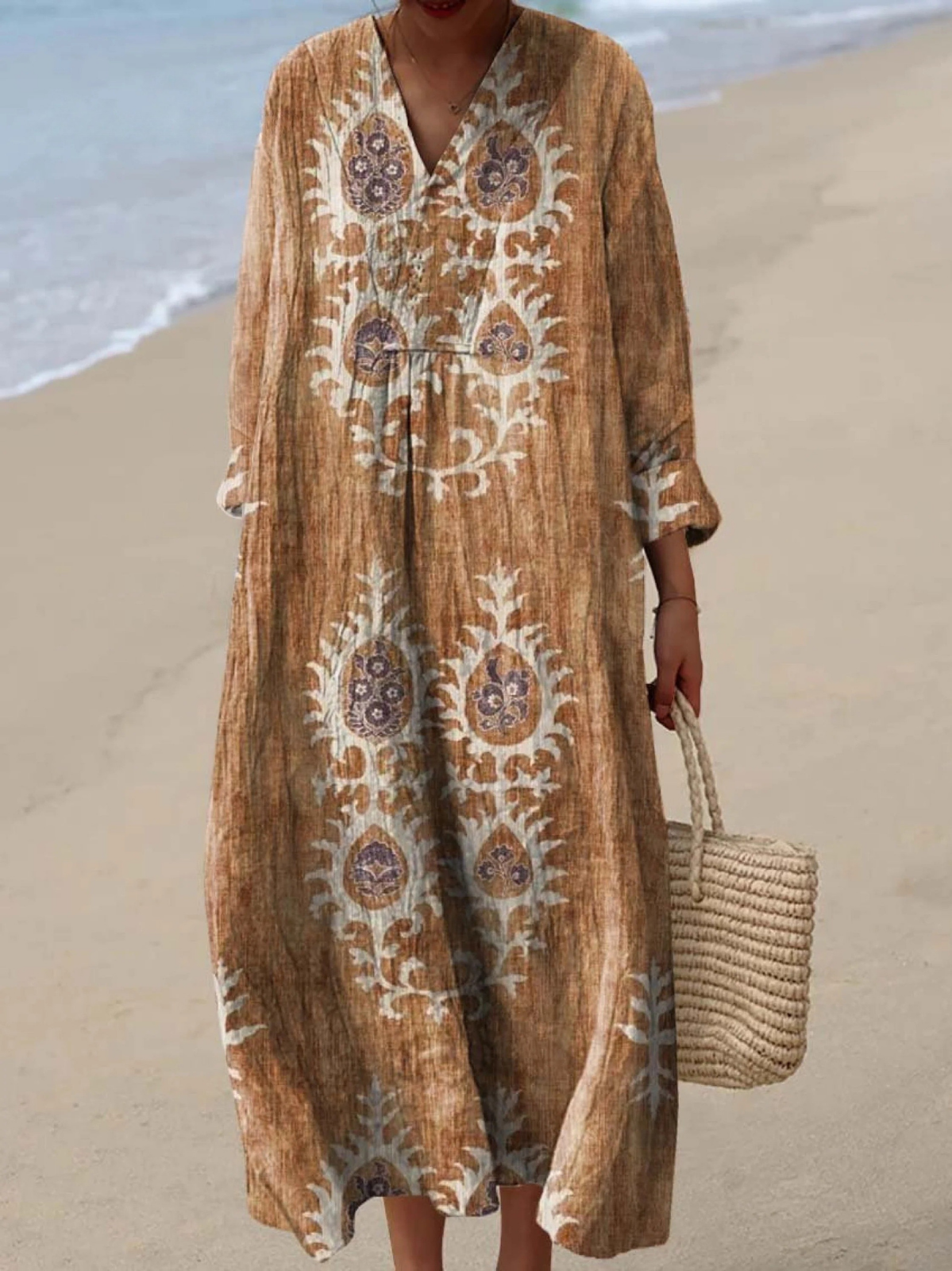 Women's Floral Print Cotton Dress, Long Sleeve Vintage Spring Dress