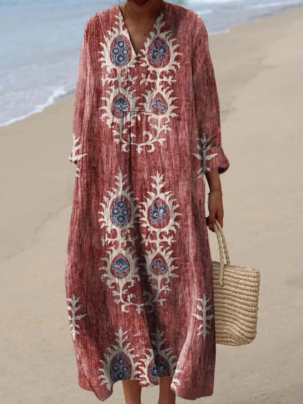 Women's Floral Print Cotton Dress, Long Sleeve Vintage Spring Dress