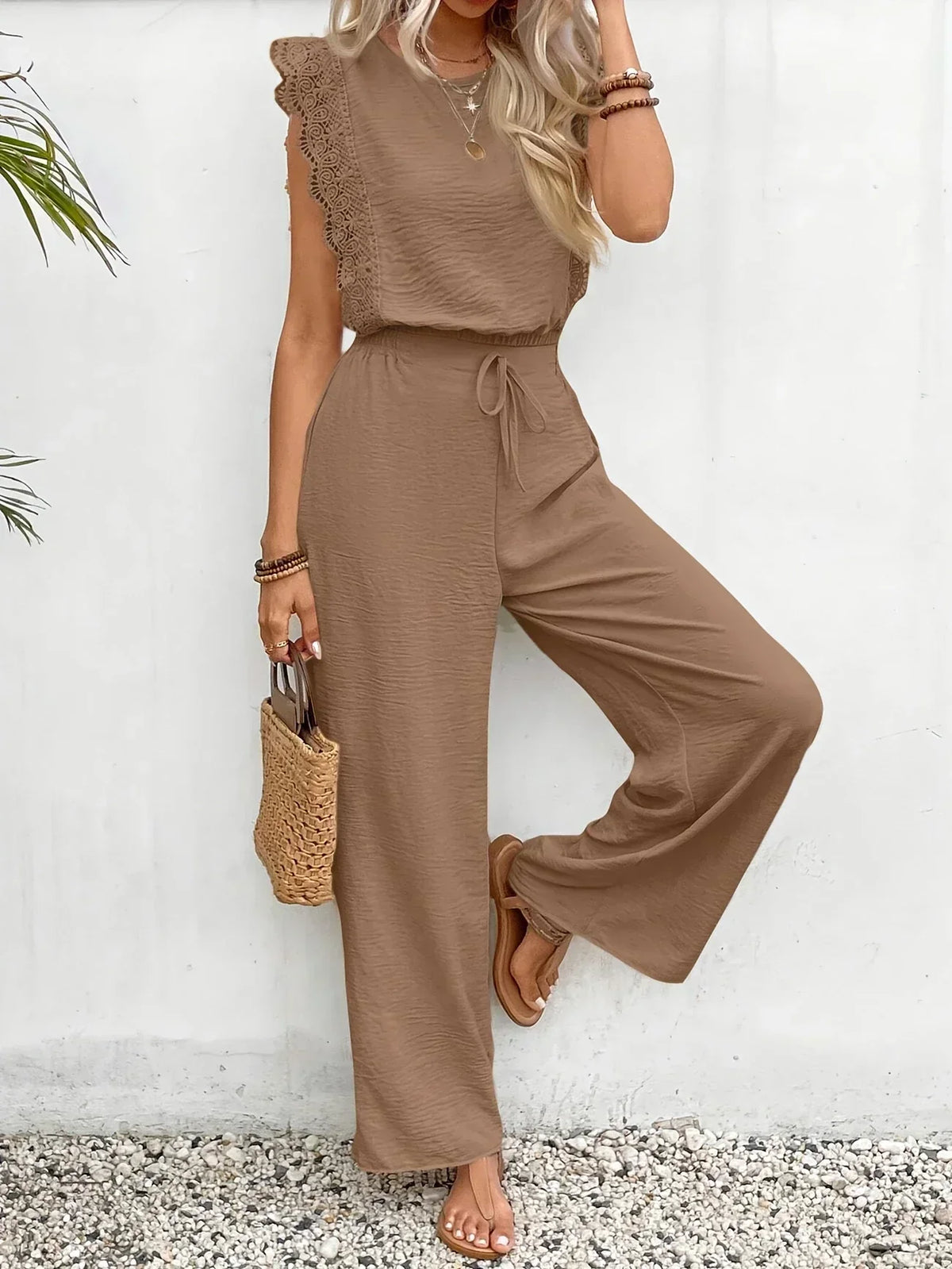 Zella | Women's Lace-Trimmed Two-Piece Set, High-Waist Wide-Leg Trousers and Top