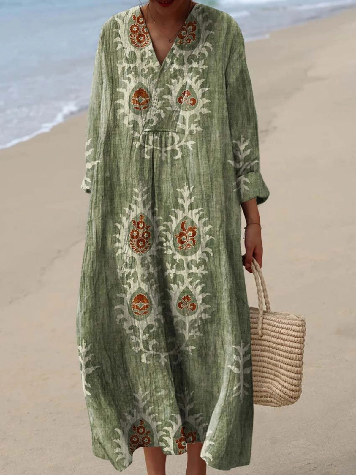 Women's Floral Print Cotton Dress, Long Sleeve Vintage Spring Dress
