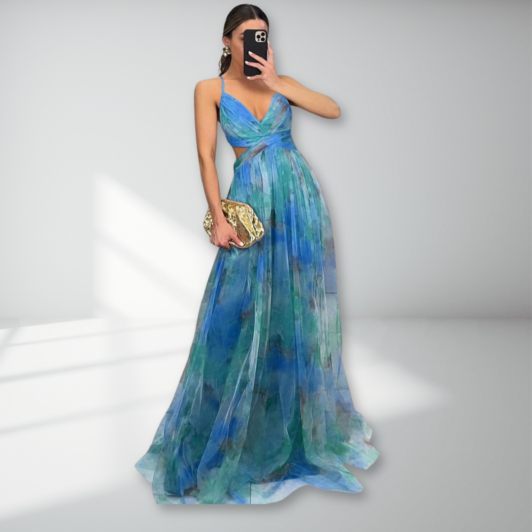 Eirith | Women's Watercolour Print Maxi Dress, Plunging Neckline Dress for Evening Events