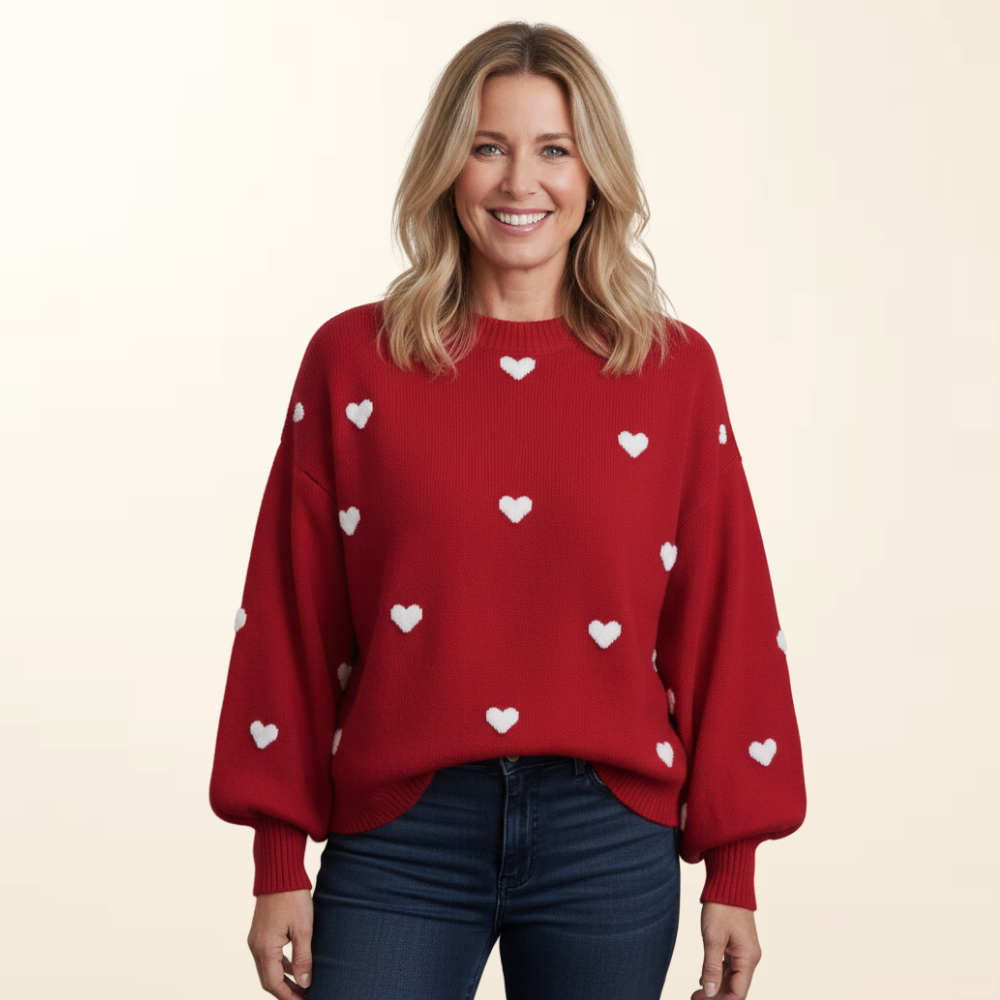 Maya | Women's Heart Print Sweater, Soft Warm Loose Fit Knit Pullover for Cold Days