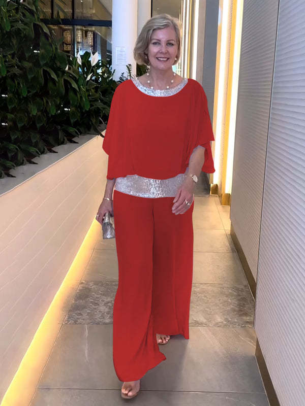 Nessa | Women's Sequin Trim Two-Piece Set, Relaxed Top and Wide-Leg Trousers for Evening