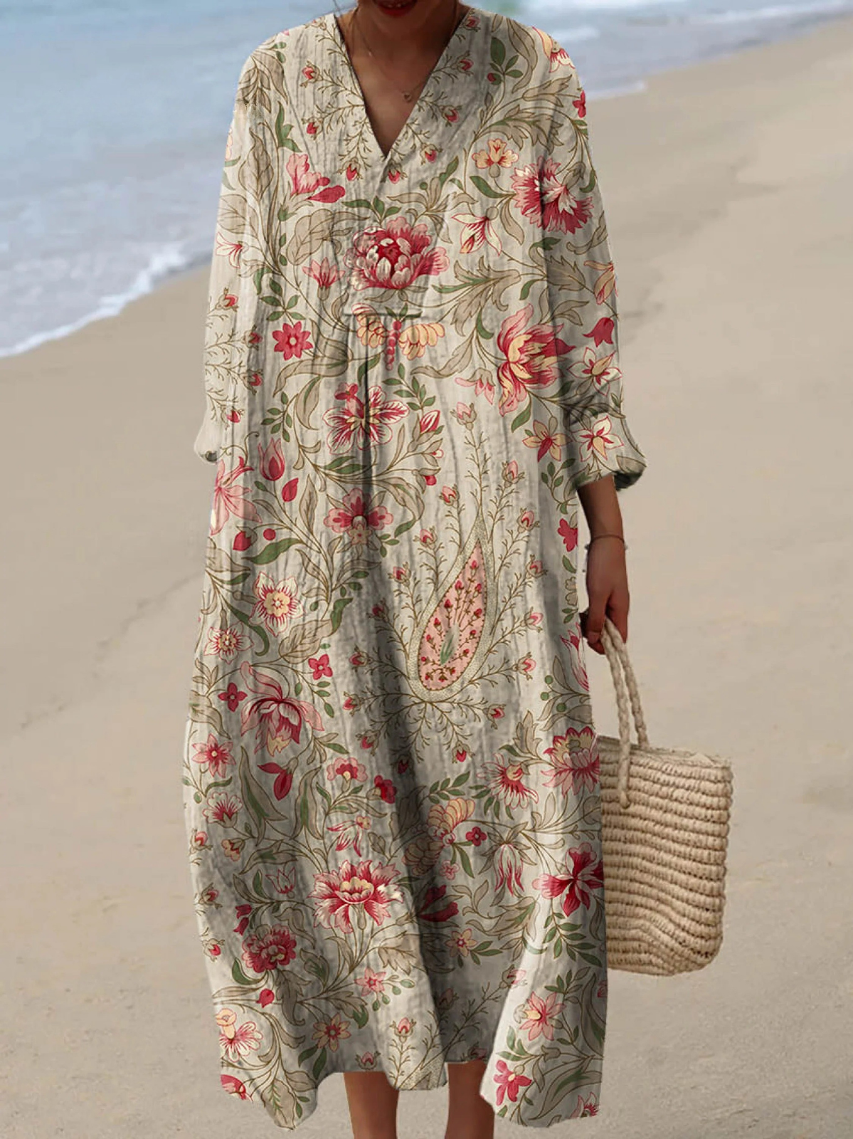 Women's Vintage Floral Print Cotton Dress, Long Sleeve Spring Dress for Everyday Wear